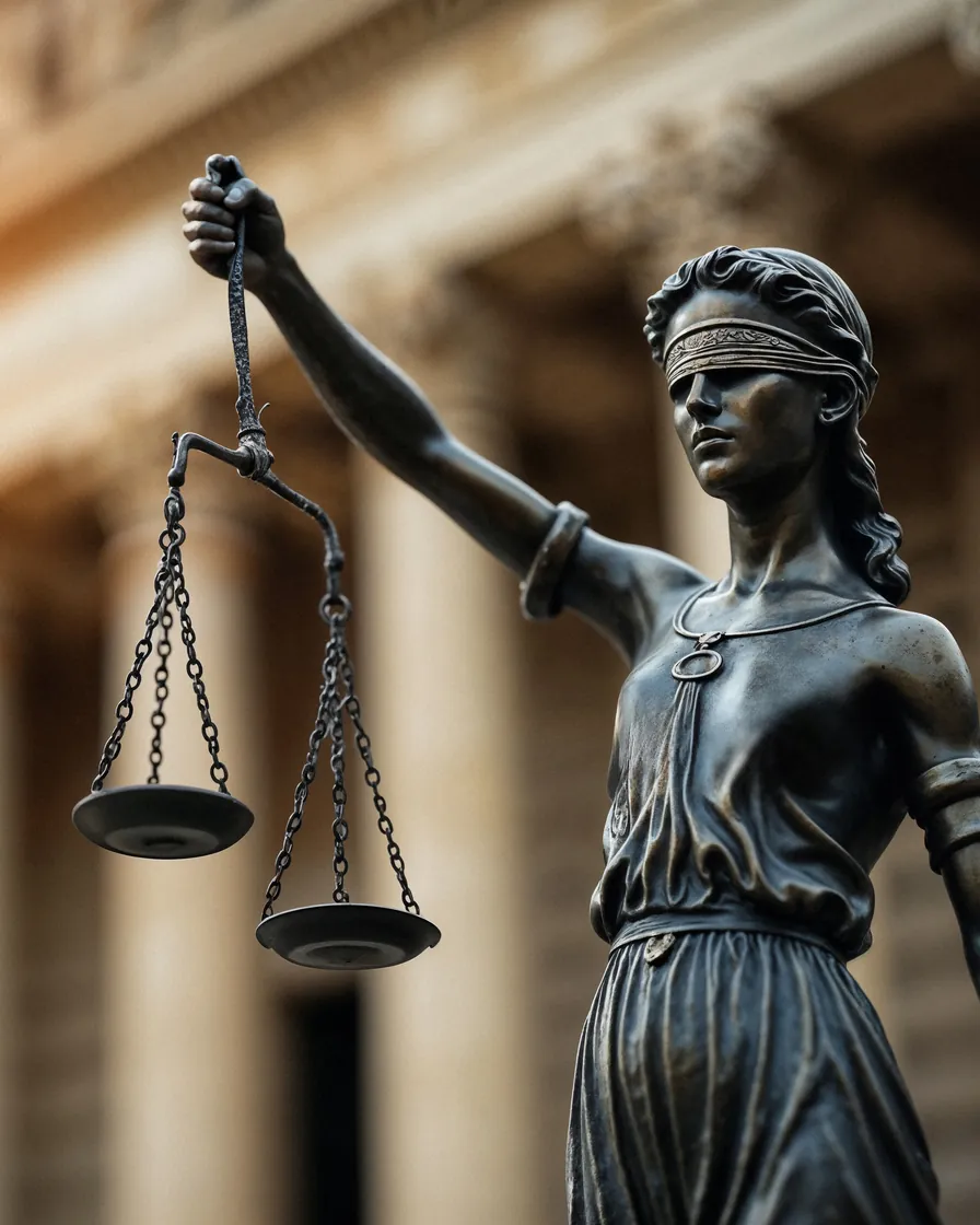 Estatua de la Justicia sosteniendo la balanza frente a un edificio de tribunales